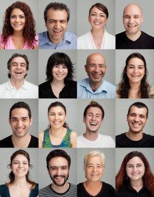 Laughing smiling faces, enjoying Laughter Yoga